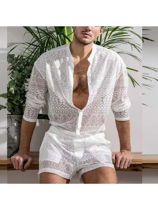 Hollow Lace Sexy Trendy Men's Shirt And Shorts Two-piece Set - Anrider.com 