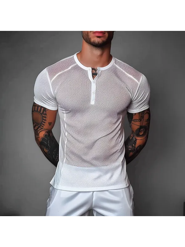 Men's Sheer Mesh Henley T-Shirt - Aptkoi.com 
