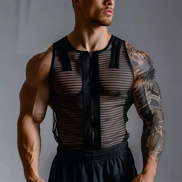 Men's Gym See-through Striped Zipper Casual Sleeveless Tank Top - Mobivivi.com 