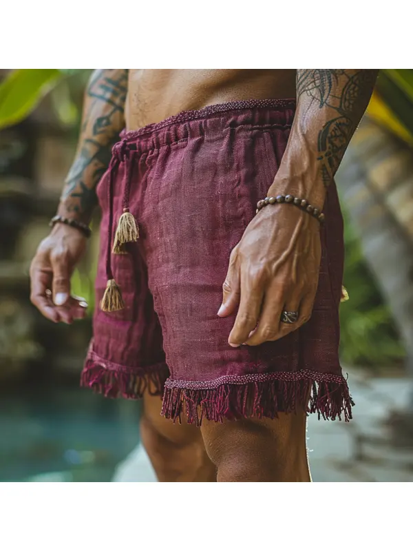 Unisex Vintage Ethnic Linen Fringe Shorts - Fithuge.com 