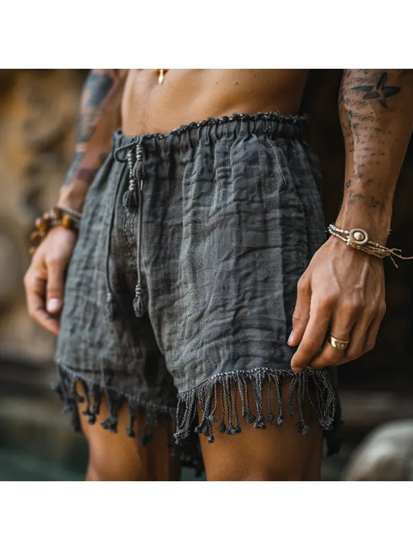 Unisex Vintage Ethnic Linen Fringe Shorts - Ootdmw.com 