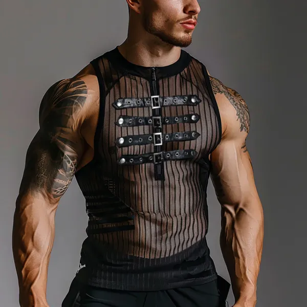 Men's Gym Striped Mesh Functional Rivet Button Sleeveless Tank Top - Menilyshop.com 