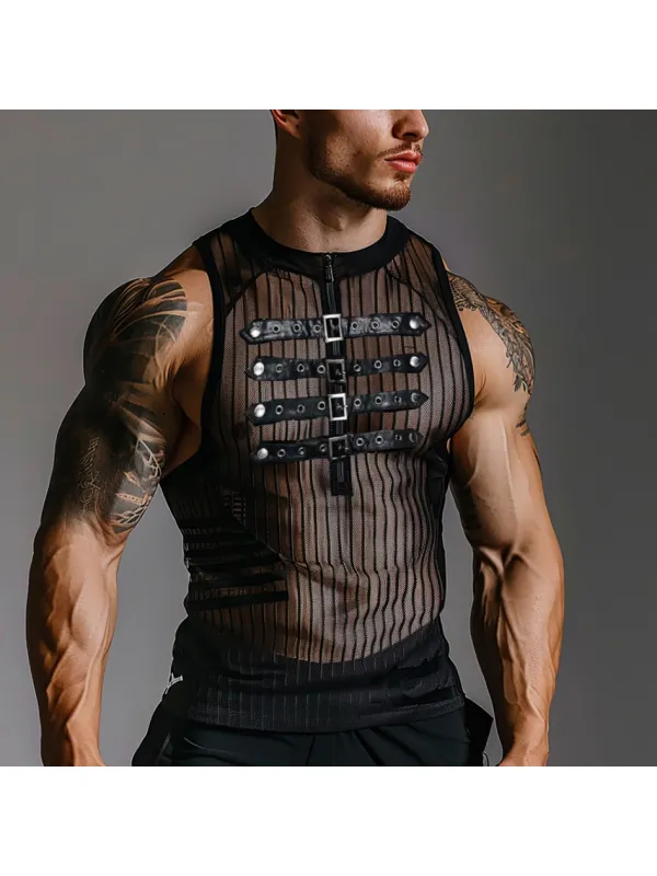 Men's Gym Striped Mesh Functional Rivet Button Sleeveless Tank Top - Anrider.com 