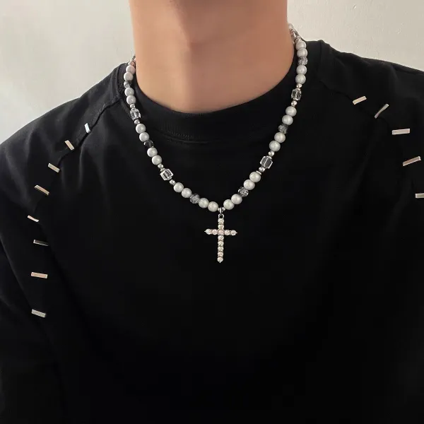 Pearl Splicing Cross Minority Design Clavicle Chain Titanium Steel Necklace - Keymimi.com 