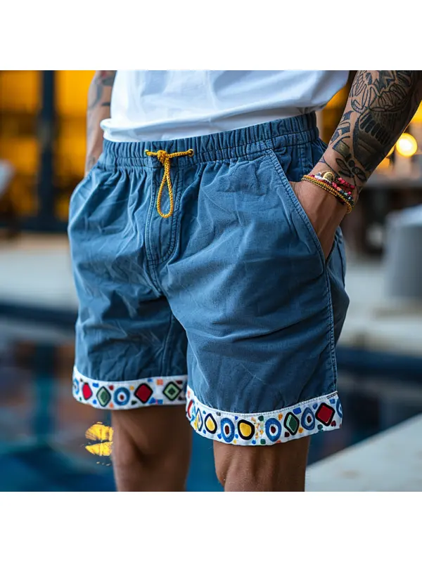 Retro Ethnic Style Contrasting Color Stitching Elastic Waist Drawstring Casual Shorts - Anrider.com 