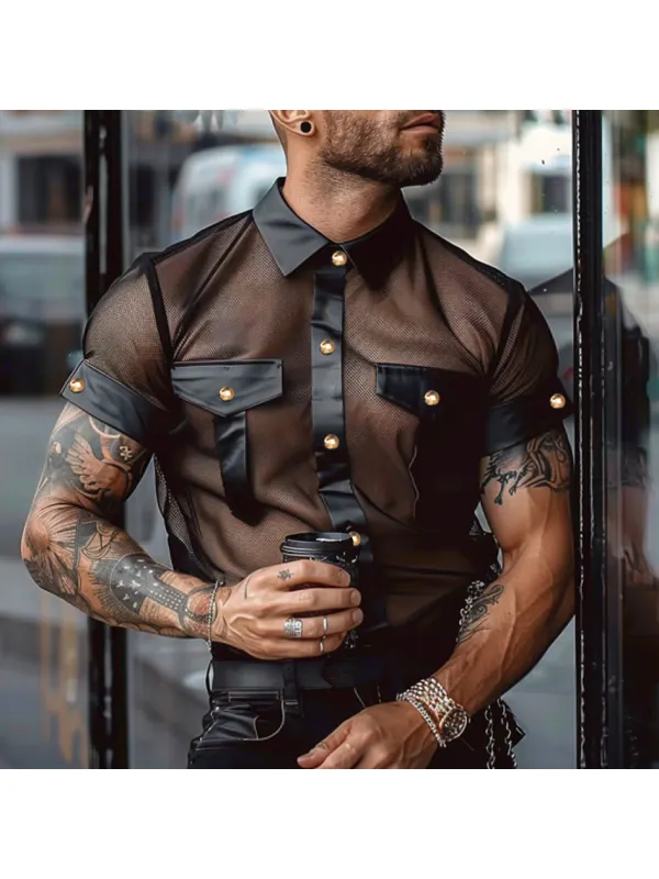 Men's Mesh Pu Leather Patchwork Shirt - Ootdmw.com 