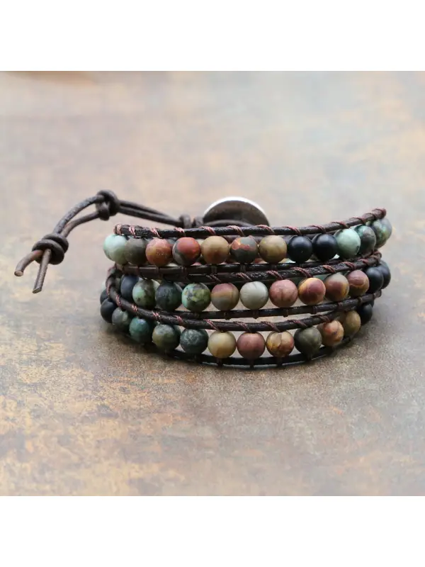 Unisex Natural Turquoise Beaded Multi-layer Ethnic Style Bracelet - Aptkoi.com 