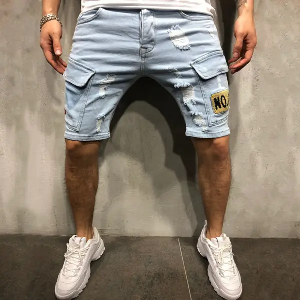 Men's Perforated Embroidered Denim Shorts - Fineyoyo.com 