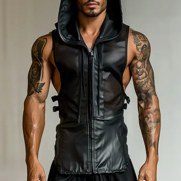 Men's Hooded Mesh Leather Vest - Fineyoyo.com 