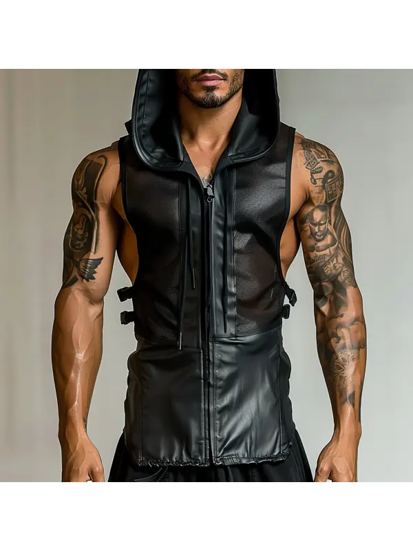 Men's Hooded Mesh Leather Vest - Anrider.com 