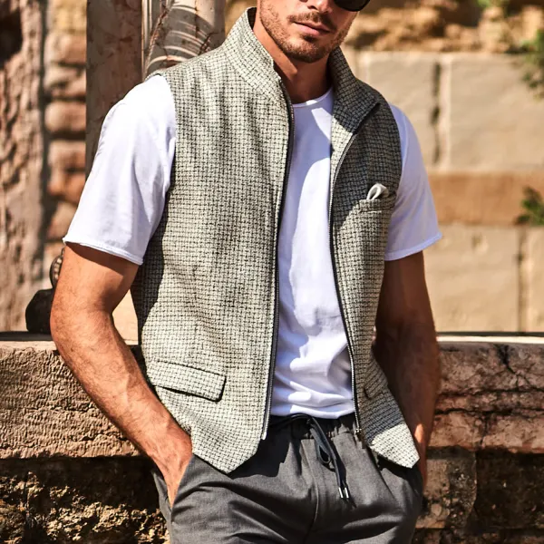 Men's Retro Plaid Stand Collar Vest - Villagenice.com 