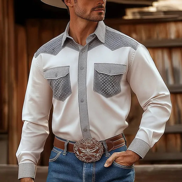 Retro Western Cowboy Men's Casual Long Sleeve Shirt - Keymimi.com 