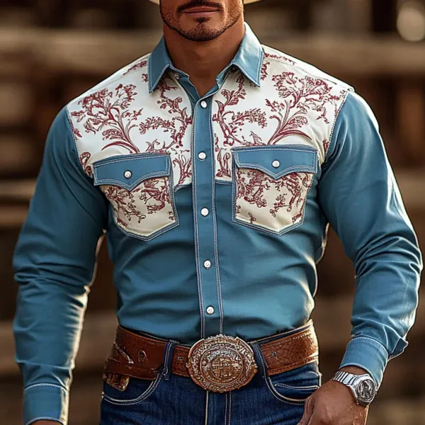 Retro Western Cowboy Men's Casual Long Sleeve Shirt - Bustalent.com 