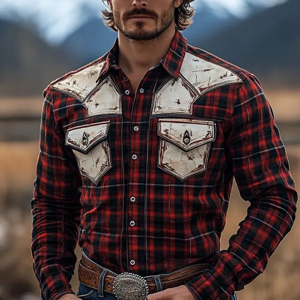 Retro Western Cowboy Men's Casual Long Sleeve Shirt - Menzfolk.com 