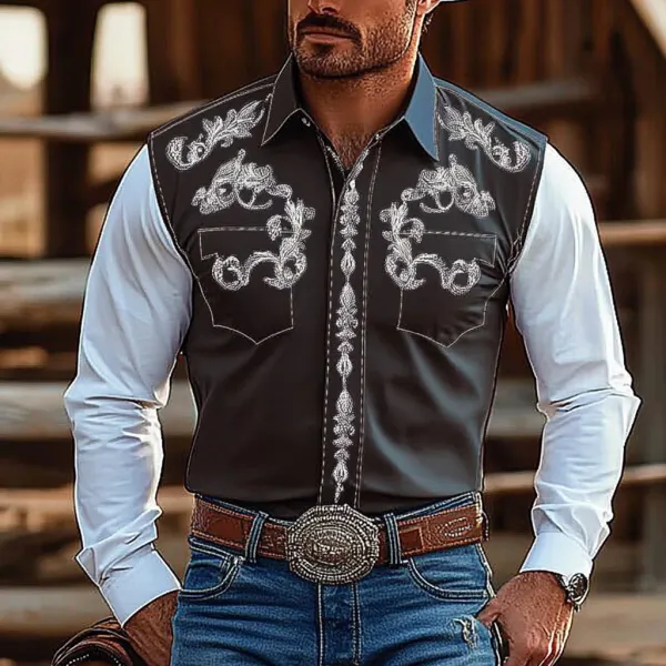 Retro Western Cowboy Men's Casual Long Sleeve Shirt - Fineyoyo.com 