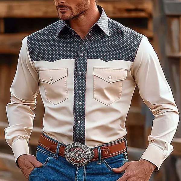 Retro Western Cowboy Men's Casual Long Sleeve Shirt - Keymimi.com 