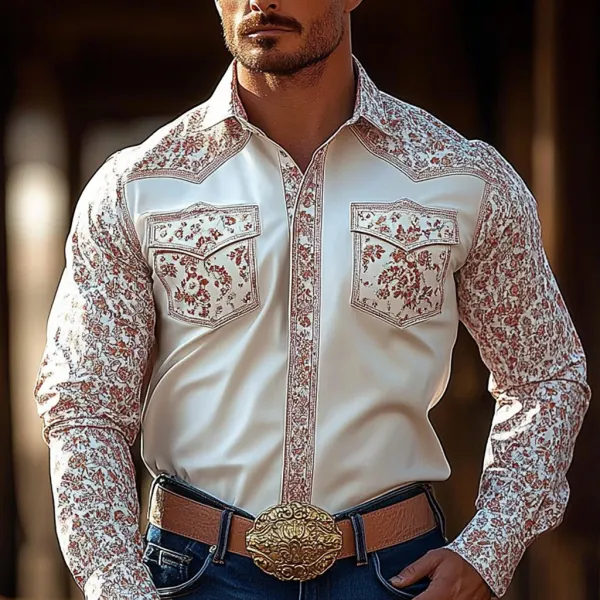 Retro Western Cowboy Men's Casual Long Sleeve Shirt - Fineyoyo.com 