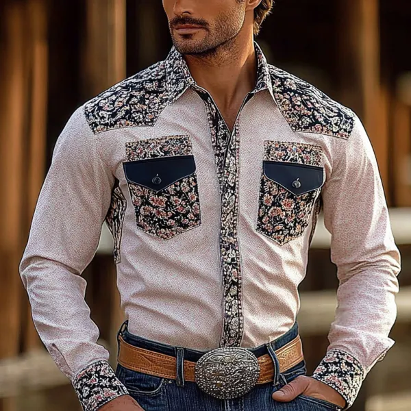 Retro Western Cowboy Men's Casual Long Sleeve Shirt - Bustalent.com 