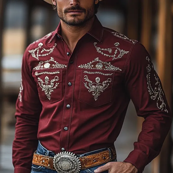 Retro Western Cowboy Men's Casual Long Sleeve Shirt - Bustalent.com 