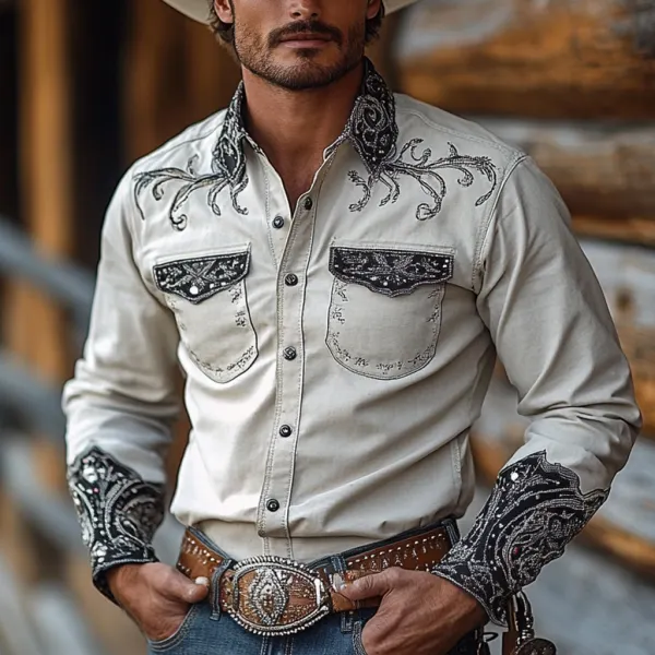 Retro Western Cowboy Men's Casual Long Sleeve Shirt - Dozenlive.com 