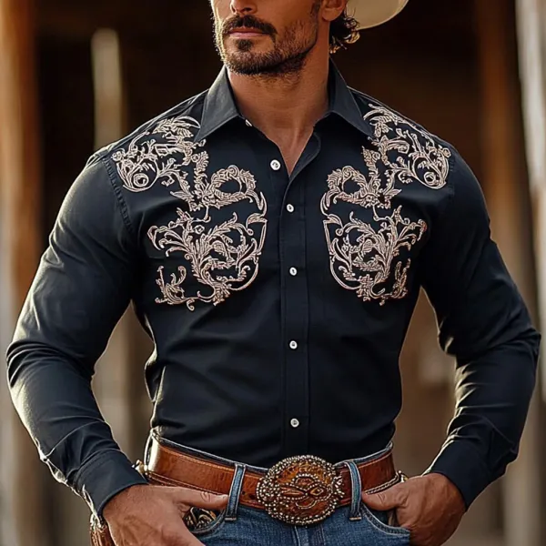 Retro Western Cowboy Men's Casual Long Sleeve Shirt - Bustalent.com 