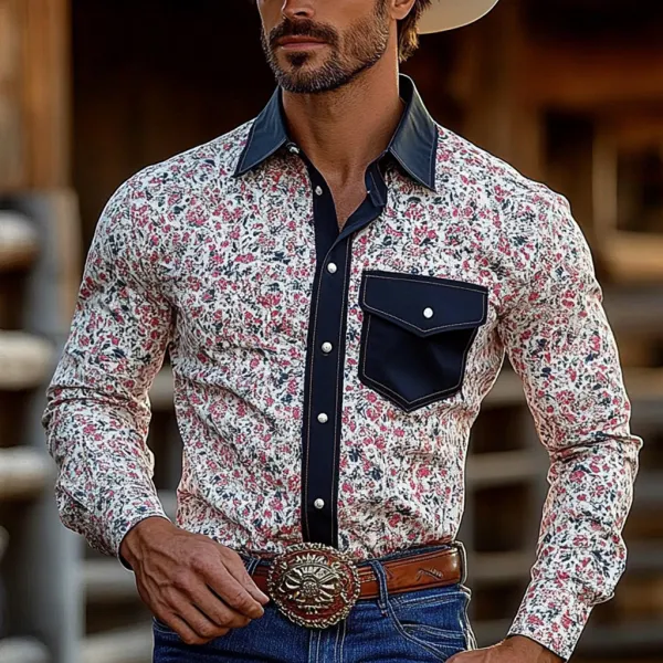 Retro Western Cowboy Men's Casual Long Sleeve Shirt - Fineyoyo.com 