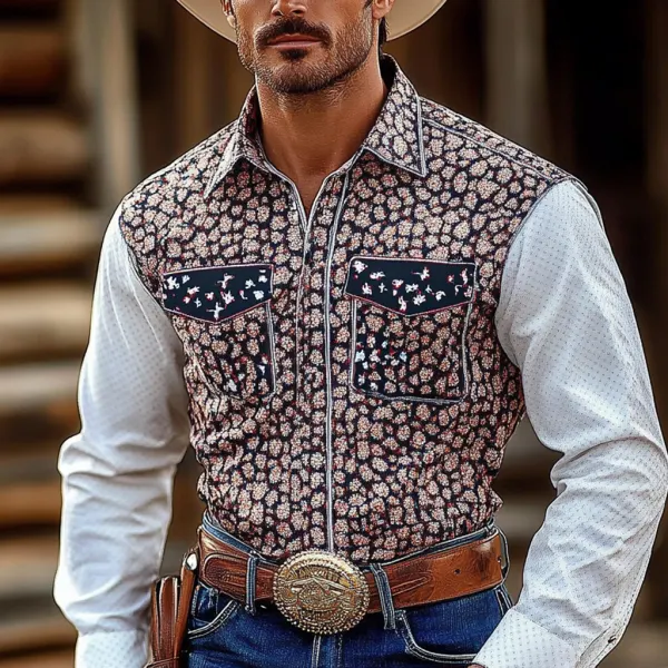 Retro Western Cowboy Men's Casual Long Sleeve Shirt - Bustalent.com 