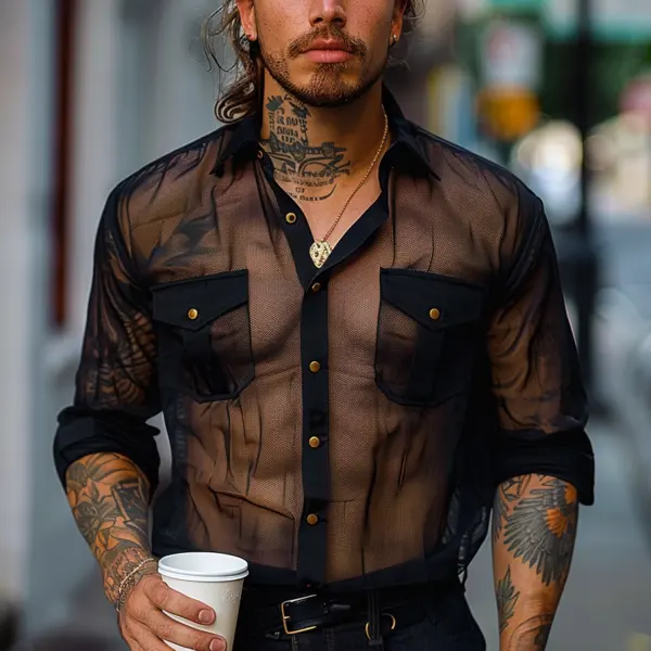 Fashion Mesh Button Long Sleeve Shirt - Mobilittle.com 