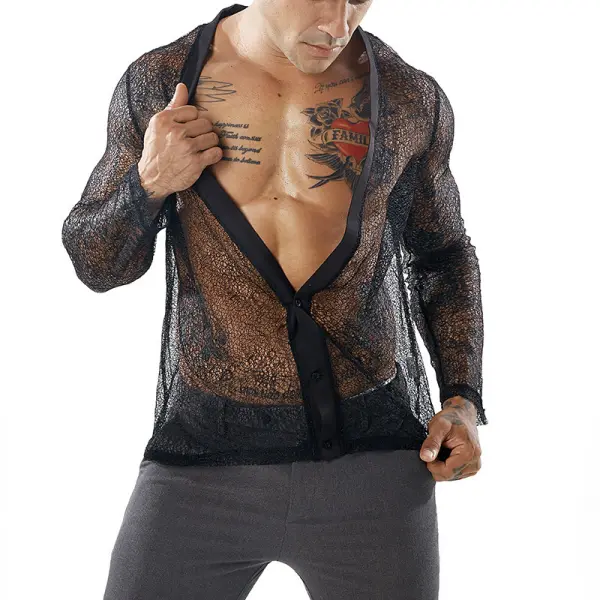 Men's Lace Cutout Long Sleeve Shirt - Menilyshop.com 