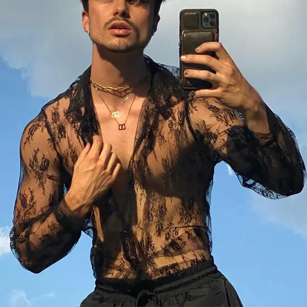 Lace Cutout Mesh Long Sleeve Shirt - Bustalent.com 