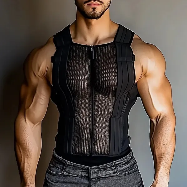 Men's See-Through Mesh Zipper Sleeveless Tank - Bustalent.com 