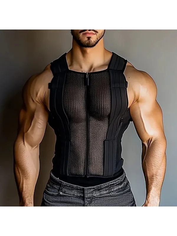 Men's See-Through Mesh Zipper Sleeveless Tank - Localziv.com 
