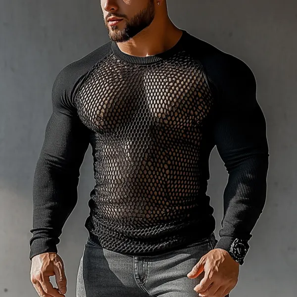 Men's Sheer Mesh Raglan Sleeve Long Sleeve Shirt - Keymimi.com 