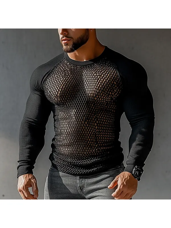 Men's Sheer Mesh Raglan Sleeve Long Sleeve Shirt - Ootdmw.com 