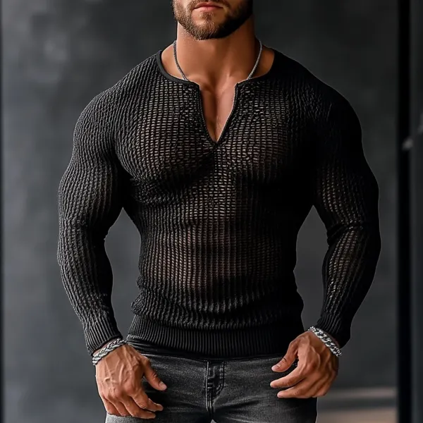 Men's Transparent Mesh V-neck Casual Long Sleeve Shirt - Zivinfo.com 