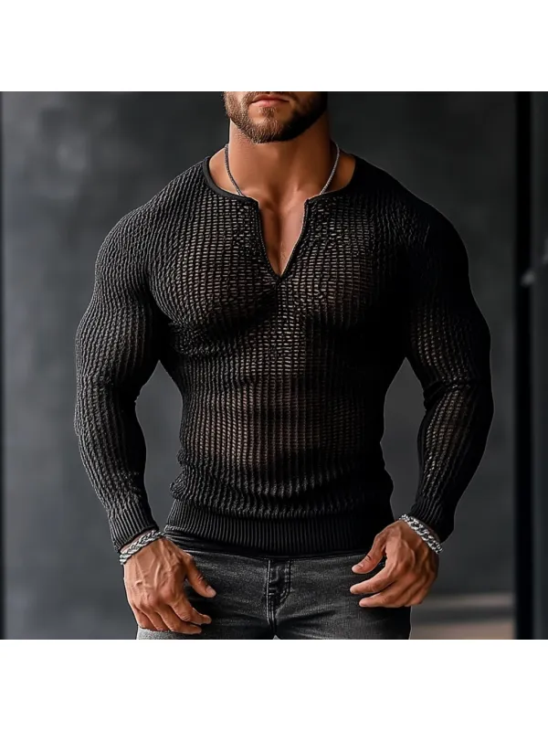 Men's Transparent Mesh V-neck Casual Long Sleeve Shirt - Ootdmw.com 