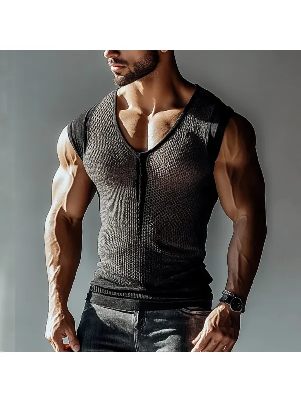 Men's Transparent V-Neck Mesh Sleeveless Tank Top - Ootdmw.com 
