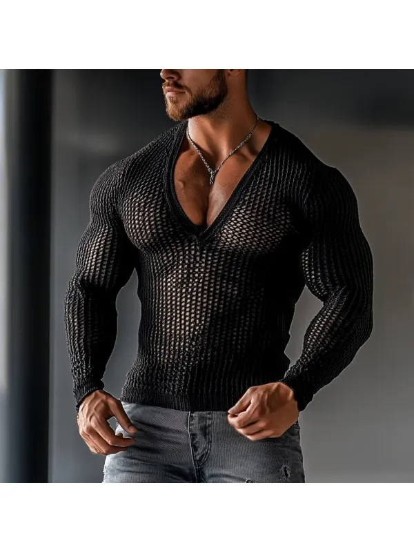 Men's Transparent Mesh V-Neck Long Sleeve Shirt - Ootdmw.com 