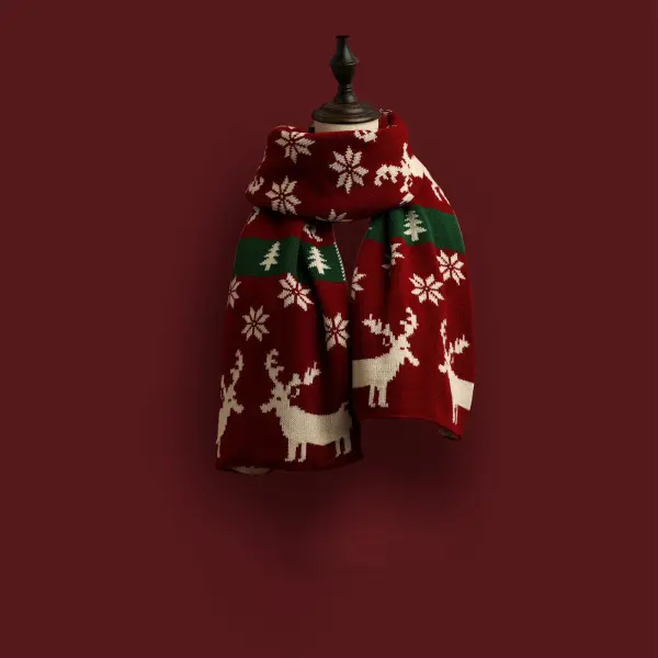 Versatile Christmas Knitted Wool Red Scarf Deer Elk Printing Snowflake Warm Personalized Couple Scarf - Bustalent.com 