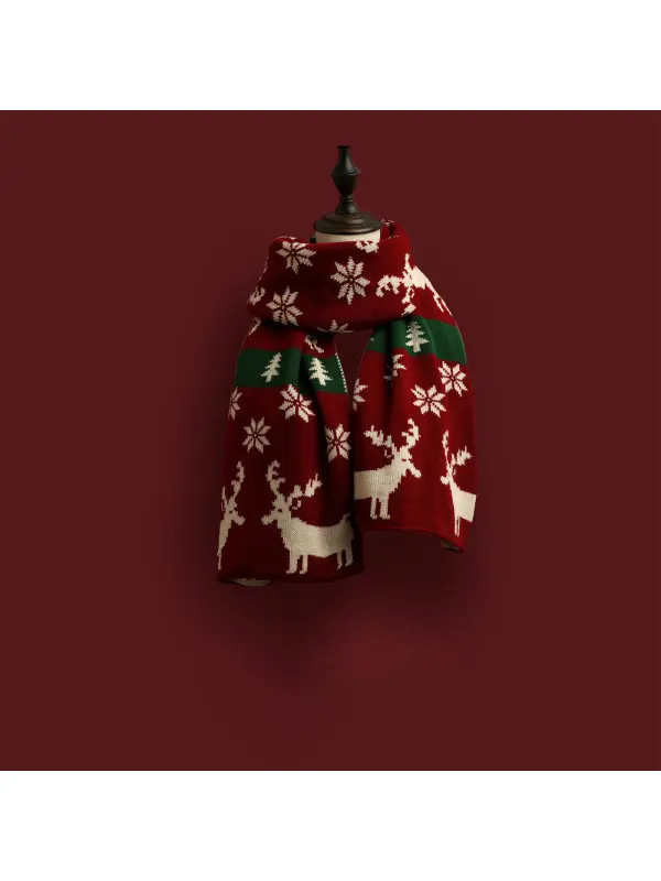 Versatile Christmas Knitted Wool Red Scarf Deer Elk Printing Snowflake Warm Personalized Couple Scarf - Cominbuy.com 