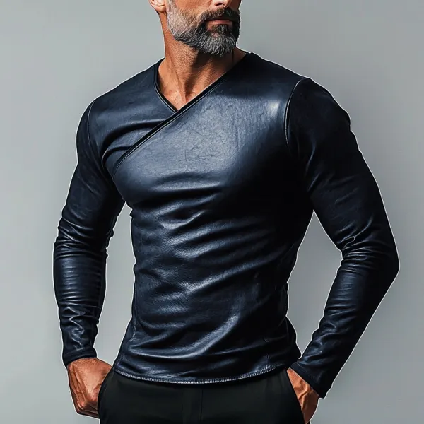 Men's Leather Crossover V-Neck Shirt - Bustalent.com 