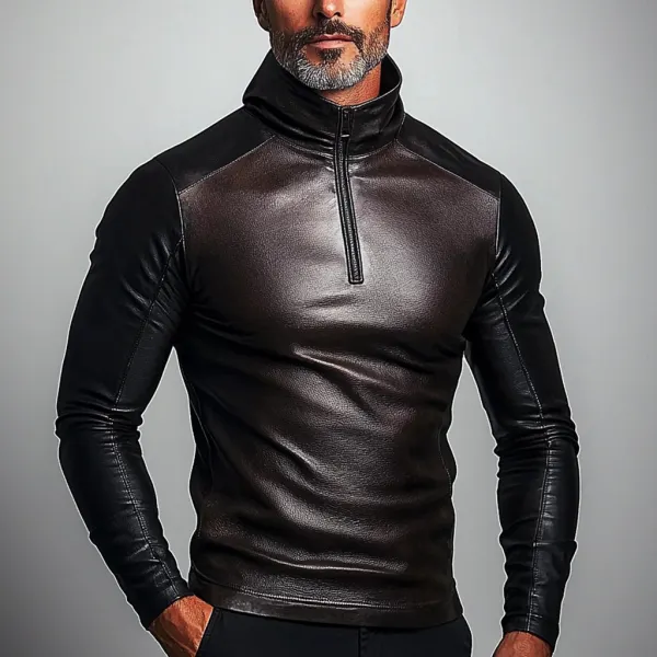 Men's Half-zip Polo Patchwork Casual Leather Shirt - Bustalent.com 