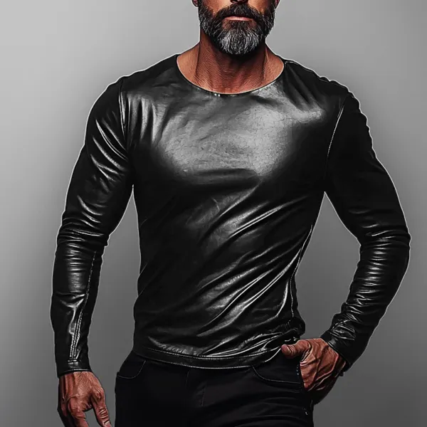 Men's Leather Round Collar Shirt - Craftshock.com 