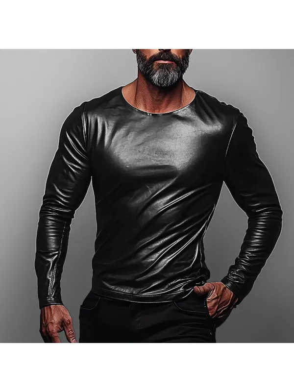 Men's Leather Round Collar Shirt - Ootdmw.com 