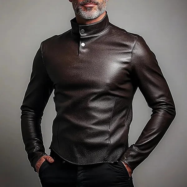 Men's Gentleman Button Polo Plain Leather Shirt - Freemacho.com 
