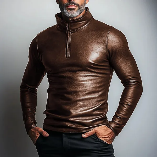 Men's Half Zip Leather Shirt - Bustalent.com 