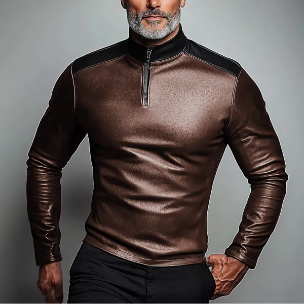 Men's Gentleman Half Zip Polo Leather Shirt - Freemacho.com 