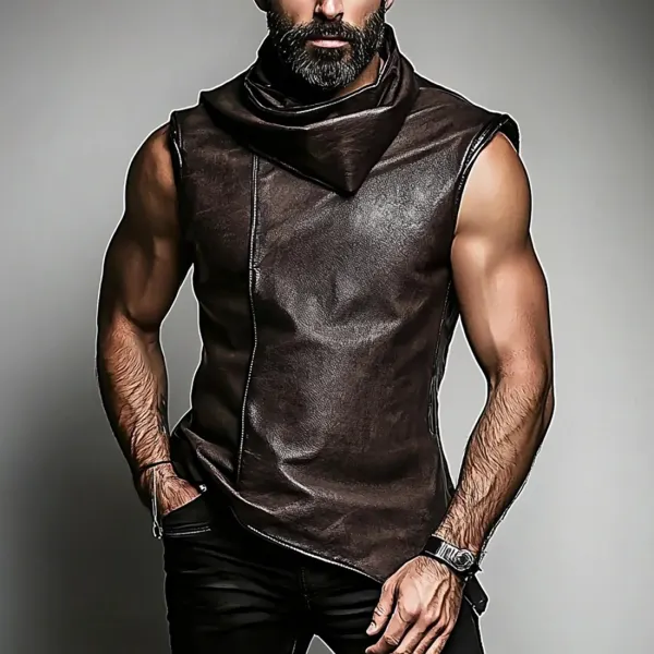 Men's Stacked Collar Leather Sleeveless Tank - Freemacho.com 
