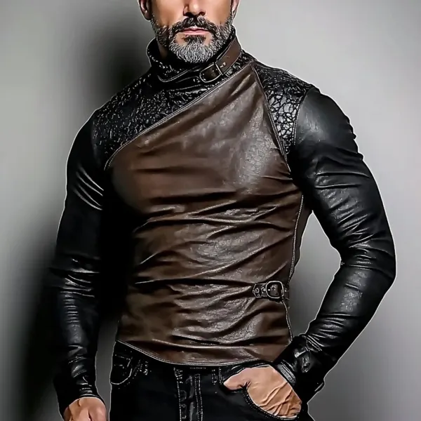 Men's Asymmetric Leather Lace Panel Contrasting Color Shirt - Bustalent.com 