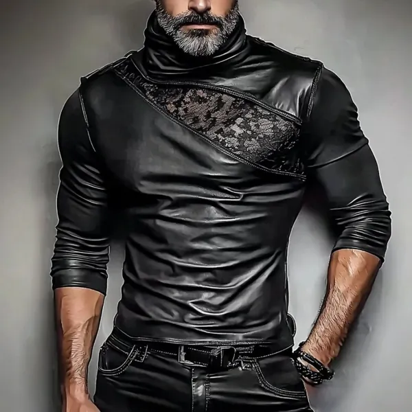 Men's Leather Lace Panel Warm Stacked Collar Shirt - Freemacho.com 